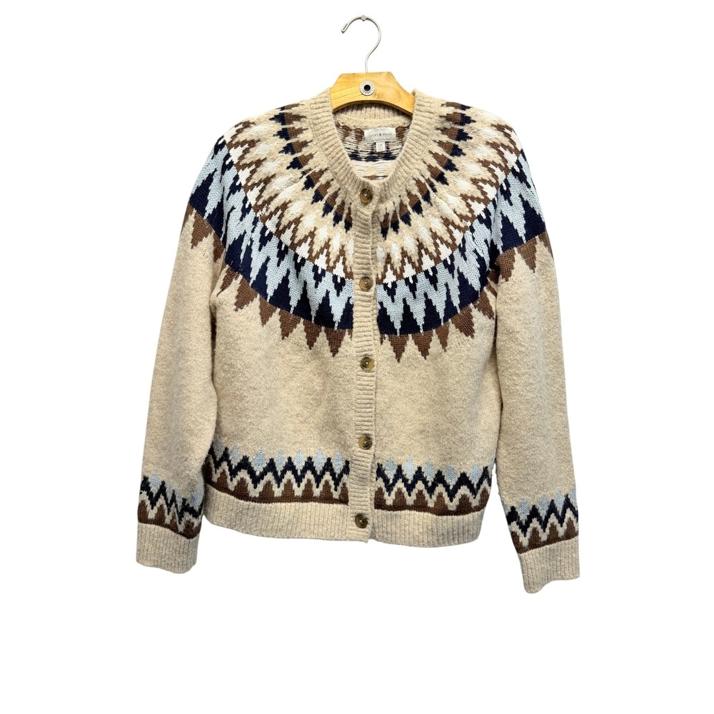 Lucky Brand Womens Fair Isle Button Front Cardigan Sweater Beige Blue OVERSIZED